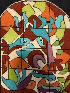 Vintage unframed Marc Chagall Looking Stain Glass Window in Needlepoint